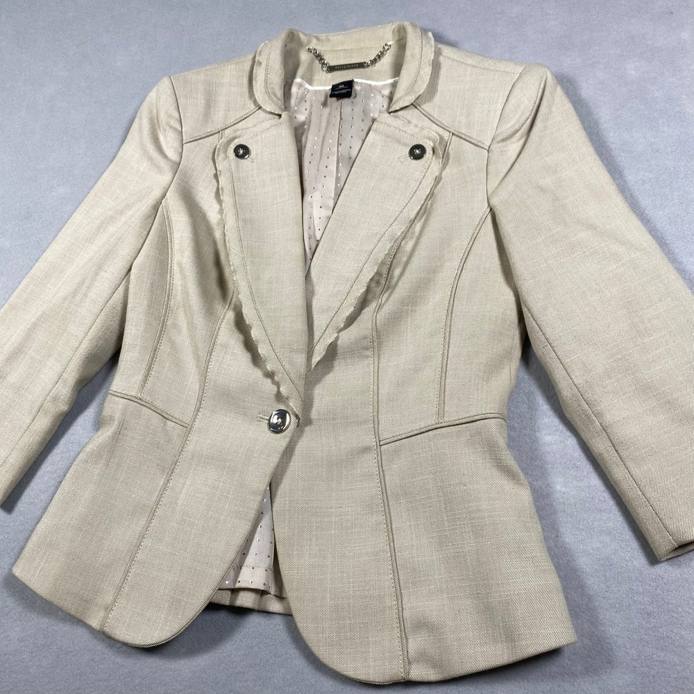 White House Black Market Tan Peplum Blazer Ruffle 3/4 Sleeve Womens Size 00